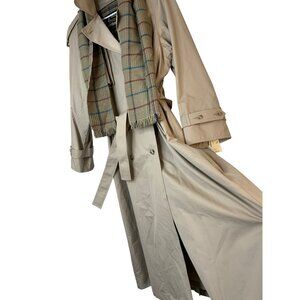 VTG New London Fog Tan Womens Trench Coat Zip Lined Scarf Midi Size 16